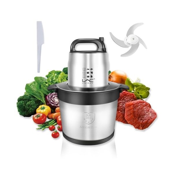 Hachoir à viande de grande capacité de 8 L, hachoir à légumes avec bol en acier inoxydable 1200 W, 2 vitesses, 4 lames à deux