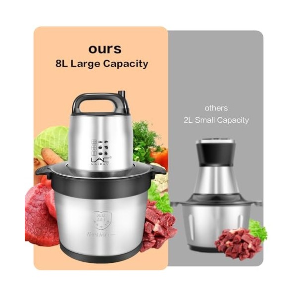 Hachoir à viande de grande capacité de 8 L, hachoir à légumes avec bol en acier inoxydable 1200 W, 2 vitesses, 4 lames à deux