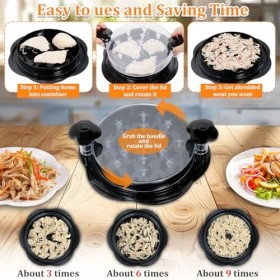 Déchiqueteuse de poulet avec couvercle transparent et base antidérapante, 25 cm avec brosse et support pour trancheuse doign