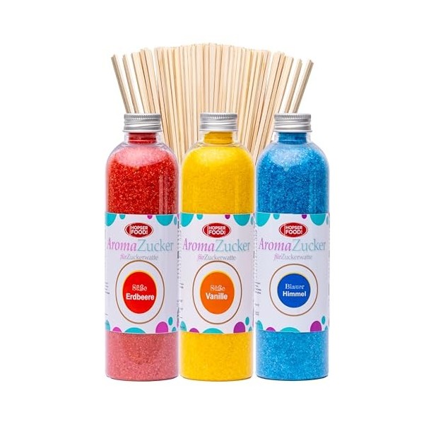 Hopser Food Fun Sucre pour barbe à papa - 3 x 230 g - Pour machine à barbe à papa - Avec 50 bâtonnets set 1 fraise, vanille,