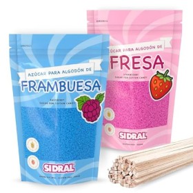 SIDRAL-Sucre Barbe à papa , pour machine à coton 2 x 250 gr avec 20 bâtons recyclables pour dégustation FRAISE/FRAMBOISE 