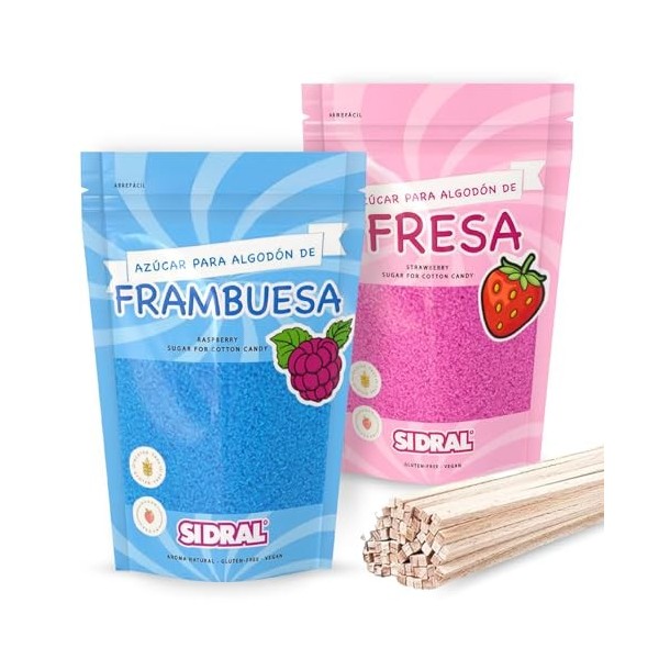 SIDRAL-Sucre Barbe à papa , pour machine à coton 2 x 250 gr avec 20 bâtons recyclables pour dégustation FRAISE/FRAMBOISE 