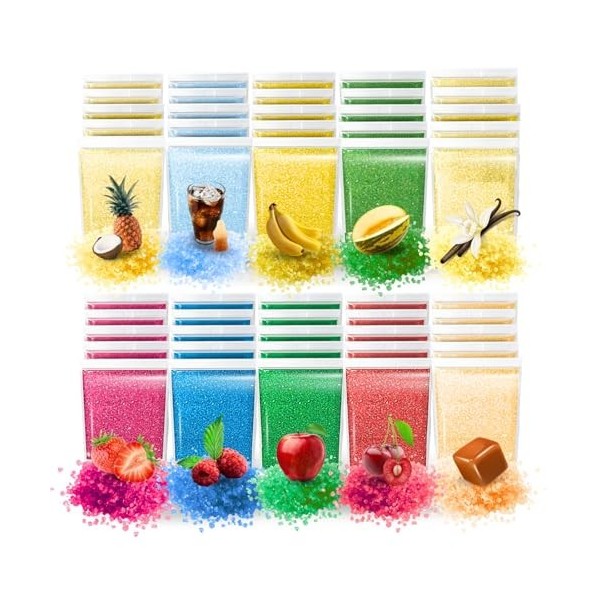 SIDRAL - 50 MONODOSE- Dégustation Sucre pour Sucre pour barbe à papa pour Machine /10 saveurs:Melon, Banane, Fraise, Caramel,