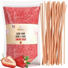 GREENDOSO® Sucre Barbe à Papa pour Machine 1,2 Kg – Saveur Fraise – 50 Bâtonnets