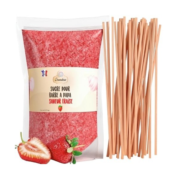 GREENDOSO® Sucre Barbe à Papa pour Machine 1,2 Kg – Saveur Fraise – 50 Bâtonnets