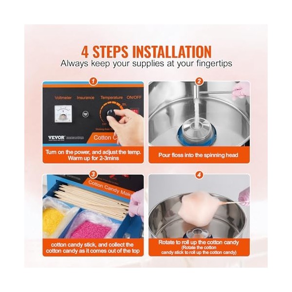 VBENLEM Machine à Barbe à Papa Professionnelle avec Chariot 1000 W Appareil à Barbe à Papa Commercial 6 PCs/min Bol en Inox A