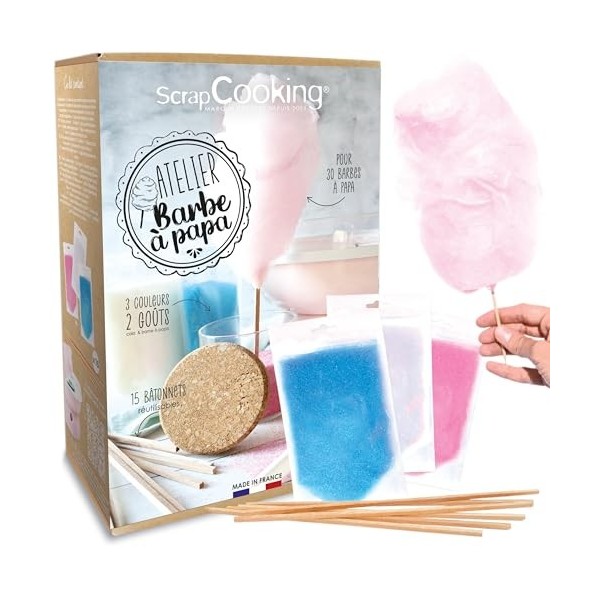 ScrapCooking - Kit Atelier Barbe à Papa - Avec 3 Préparations Sucre Barbe à Papa & 15 Bâtonnets - Saveur Cola & Barbe à Papa 