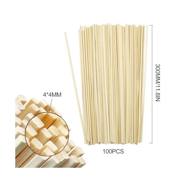 MIPIACE 100 Pièces Bâtons de Bambou 30cm x 4mm x 4mm Baton Barbe a Papa Baguette Bois Naturel Bâtonnets en Bois Carré Pour Br
