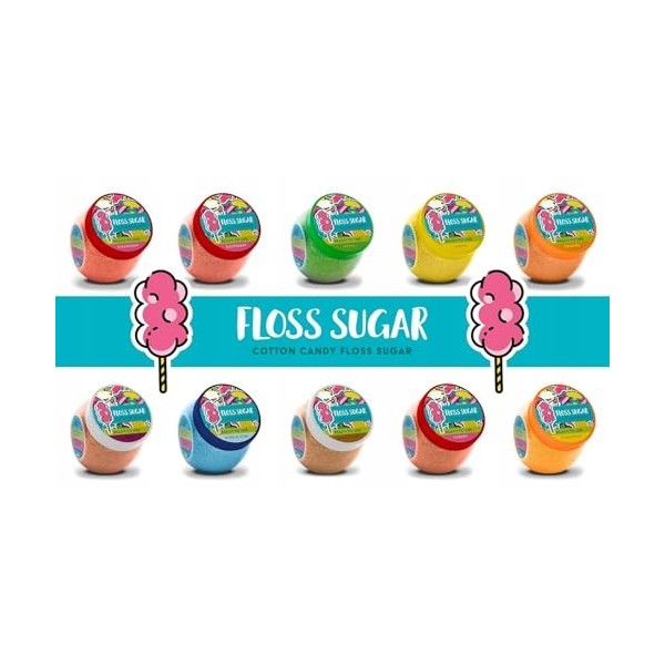 Floss Suger Barbe à papa sucre 10 saveurs et couleurs naturelles / Set de 1 kg : chocolat/piña colada/pomme/cerise/citron/g