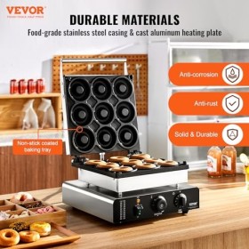 VEVOR Machine à beignets électrique, 2000 W, appareil à donuts commercial avec surface antiadhésive, machine à gaufres chauff