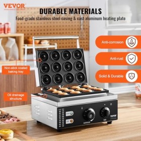 VEVOR Machine à beignets électrique, 1550 W, appareil à donuts commercial avec surface antiadhésive, machine à gaufres chauff