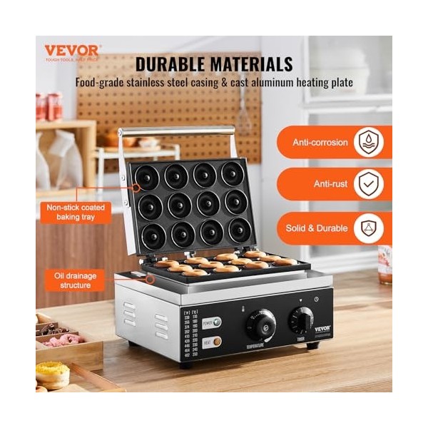 VEVOR Machine à beignets électrique, 1550 W, appareil à donuts commercial avec surface antiadhésive, machine à gaufres chauff