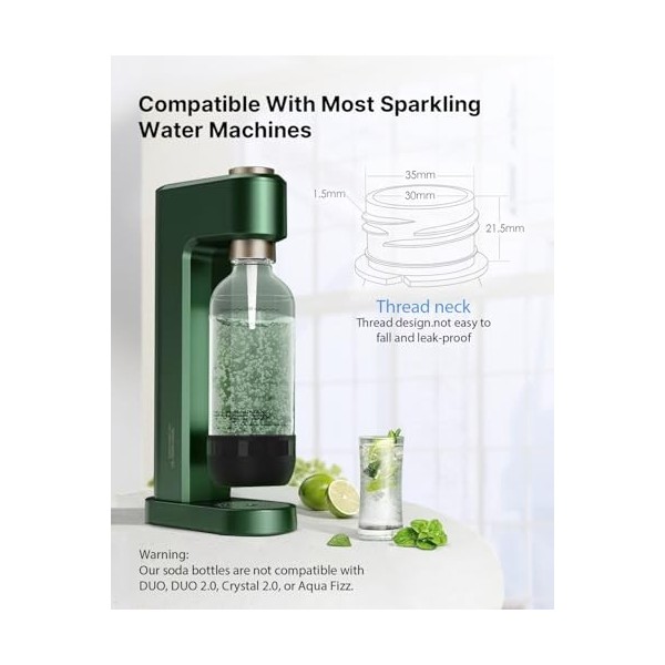 OiDiPi Lot de 2 bouteilles deau gazeuse réutilisables sans BPA de 1 litre pour machine à soda, noir et blanc