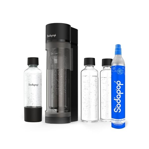 Sodapop Logan Kit de démarrage avec cylindre CO₂, 2 bouteilles en verre 850 et 600 ml et 1 bouteille PET 850 ml , noir mat