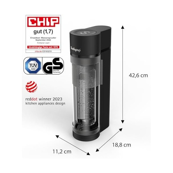 Sodapop Logan Kit de démarrage avec cylindre CO₂, 2 bouteilles en verre 850 et 600 ml et 1 bouteille PET 850 ml , noir mat