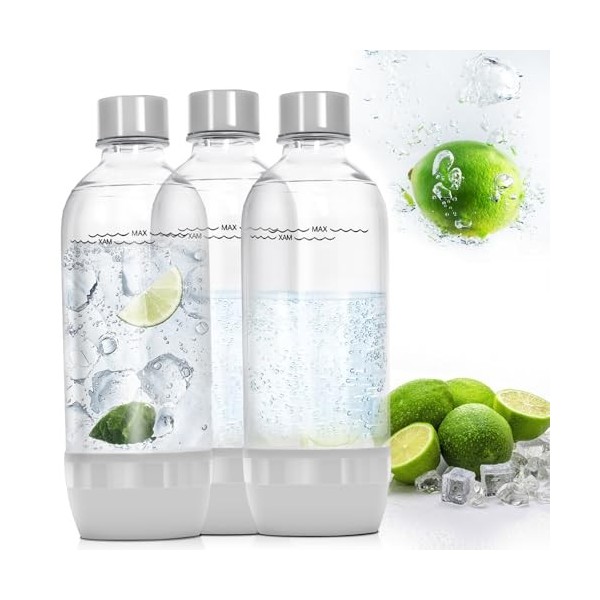 Soda Lot de 3 Bouteilles de Soda Maker de 1 l, Sans BPA, Bouteilles de Rechange, en PET, Réutilisables, pour Machine à Gazéif