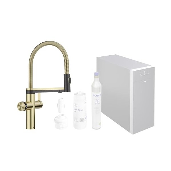 BLANCO CHOICE Icona Robinet de cuisine en acier inoxydable satiné doré | Robinet multifonction tout-en-un | Eau froide en sil