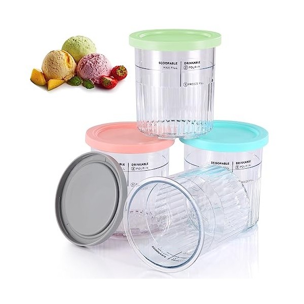 Lot de 4 pintes et couvercles compatibles avec les machines à crème glacée Ninja Creami Deluxe NC501EU NC501 NC500 Série, san