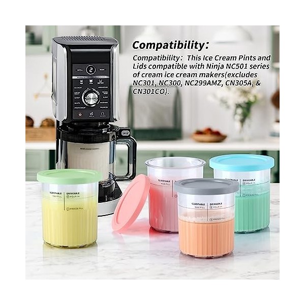 Lot de 4 pintes et couvercles compatibles avec les machines à crème glacée Ninja Creami Deluxe NC501EU NC501 NC500 Série, san