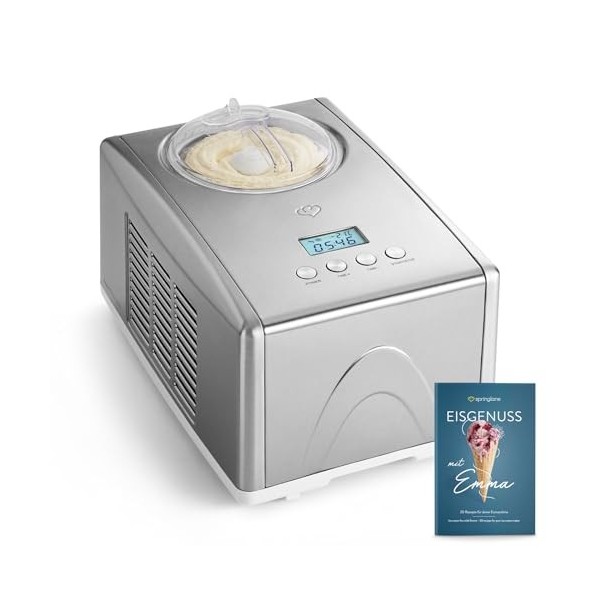 SPRINGLANE Sorbetière Emma 1,5 L avec compresseur auto-refroidissant 150 W, en acier inoxydable avec bac à glaçons amovible, 