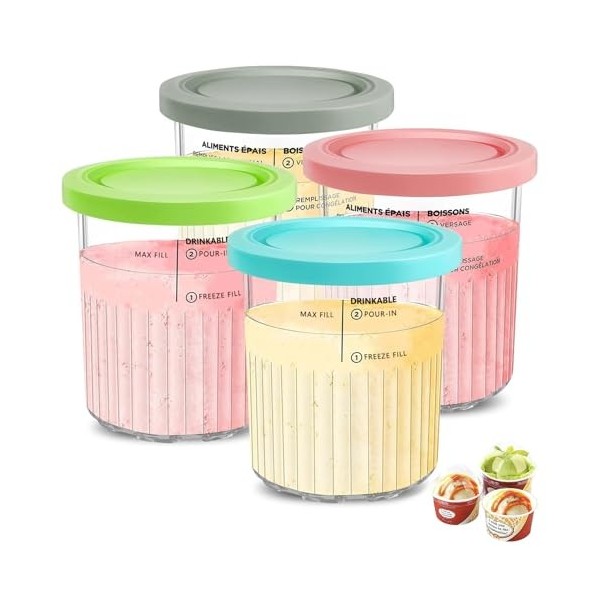 Auvrgmin Lot de 4 récipients Creami pour machine à crème glacée Ninja Creami Deluxe NC501, NC501EU NC500, avec couvercle, san