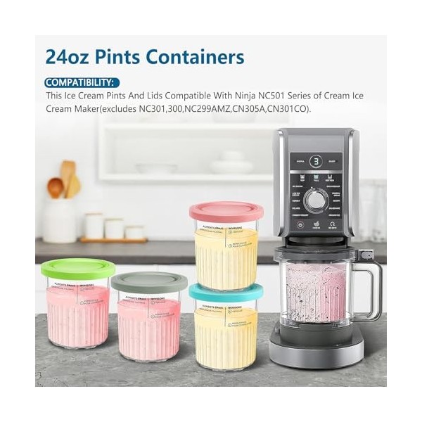 Auvrgmin Lot de 4 récipients Creami pour machine à crème glacée Ninja Creami Deluxe NC501, NC501EU NC500, avec couvercle, san