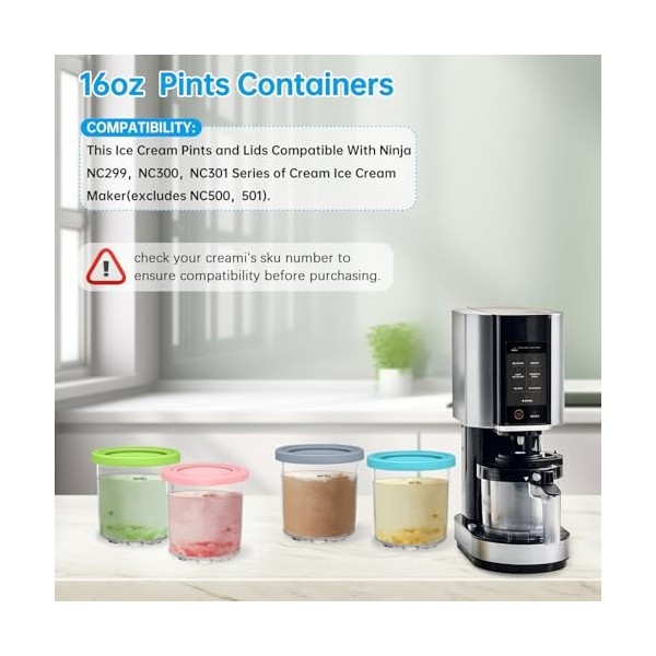 Auvrgmin Lot de 4 bacs à glace, avec couvercles, pour crème glacée, fabriqués à la maison, avec couvercle, compatibles avec l