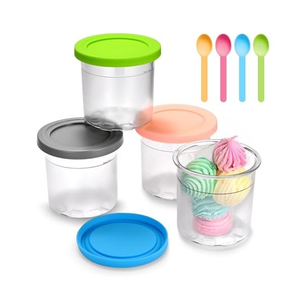 Peoueu Creami NC300EU Lot de 4 récipients pour sorbetière Ninja Creami NC300EU, avec couvercle en silicone pour sorbetière Ni