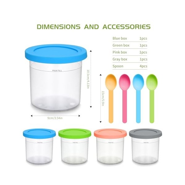 Peoueu Creami NC300EU Lot de 4 récipients pour sorbetière Ninja Creami NC300EU, avec couvercle en silicone pour sorbetière Ni