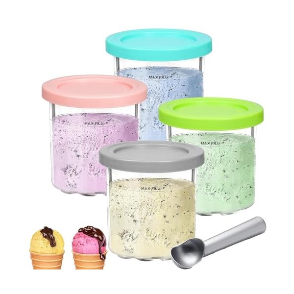 Bacs à Crème Glacée pour Ninja Creami, 4PCS Récipients à Crème Glacée, Dessert Tubs avec Couvercles e Cuillères,Réutilisables