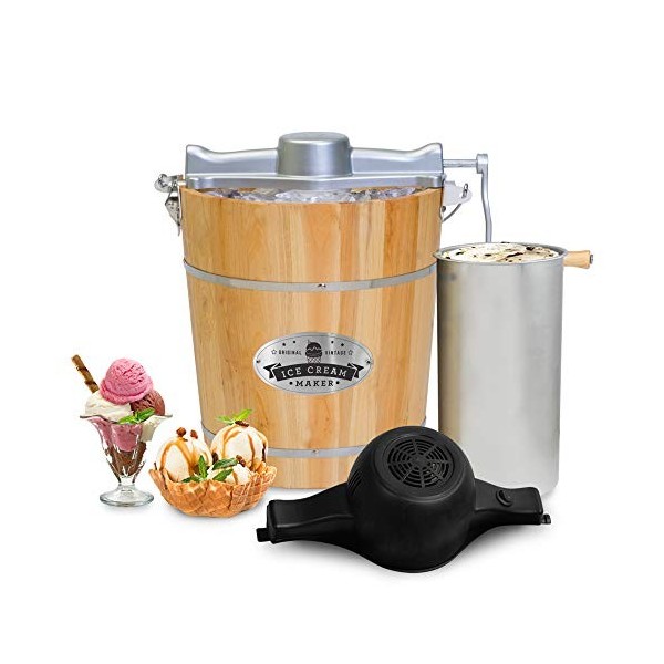 Elite Gourmet EIM402 Sorbetière électrique vintage en bois de 3,8 L, manivelle classique moulée sous pression, pour préparati