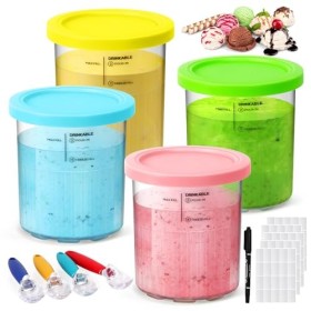 FTUREERA Lot de 4 récipients pour crème glacée Ninja Creami NC501 NC500 avec 4 cuillères pour sorbetière Ninja - Sans BPA - P