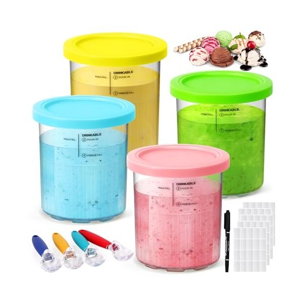 FTUREERA Lot de 4 récipients pour crème glacée Ninja Creami NC501 NC500 avec 4 cuillères pour sorbetière Ninja - Sans BPA - P