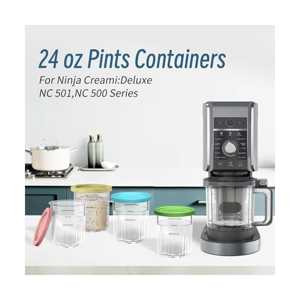 JUOENLP Lot de 4 boîtes de rechange pour machines à glace NC501 AMZ série Deluxe - Avec couvercles anti-fuite - Passe au lave