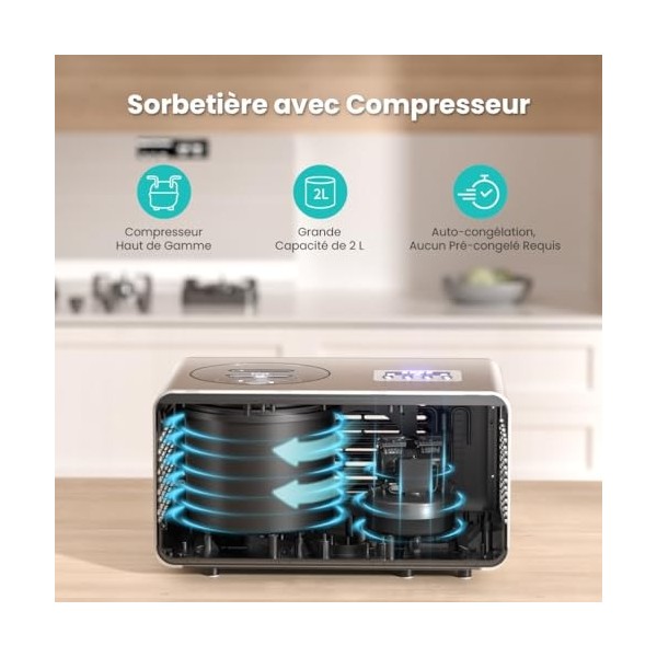 Sorbetiere Turbine a Glace avec Compresseur Sorbetière Electrique 2L Machine a Glace pas de Pré-congélation Machines à Glace 