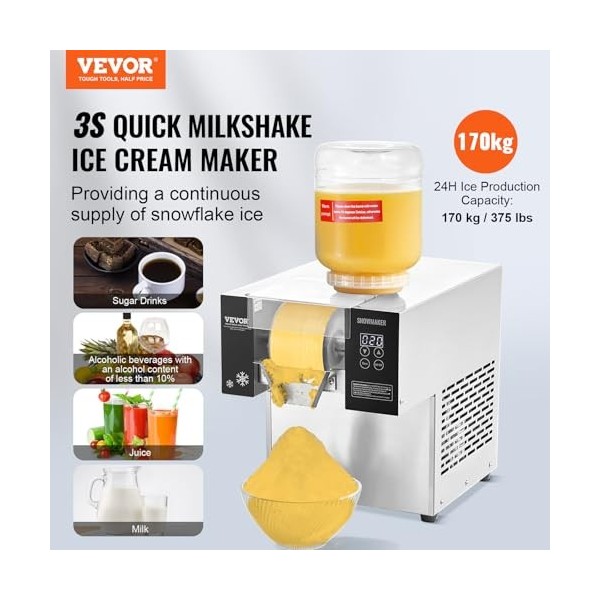 VEVOR Machine à Glace Râpée de Neige Commerciale, Machine à Râper la Glace 170 kg/24H, en Inox, Système de Refroidissement pa