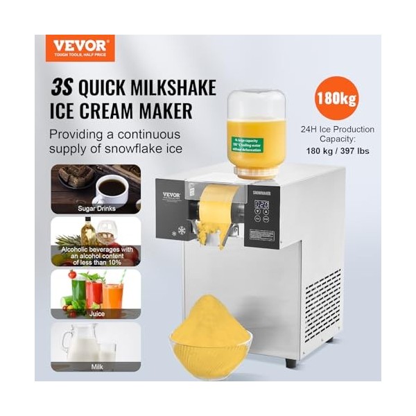 VEVOR Machine à Glace Râpée de Neige Commerciale, Machine à Râper la Glace 180 kg/24H, en Inox, Système de Refroidissement pa