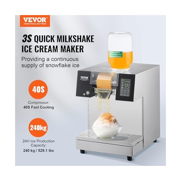 VEVOR Machine à Glace Râpée de Neige Commerciale, Machine à Râper la Glace 240 kg/24H, Machine à Glace Pilée en Inox, Système