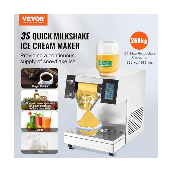 VEVOR Machine à Glace Râpée de Neige Commerciale, Machine à Râper la Glace 260 kg/24H, en Inox, Système de Refroidissement pa