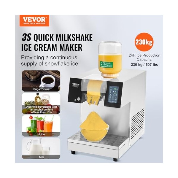 VEVOR Machine à Glace Râpée de Neige Commerciale, Machine à Râper la Glace 230 kg/24H, en Inox, Système de Refroidissement pa