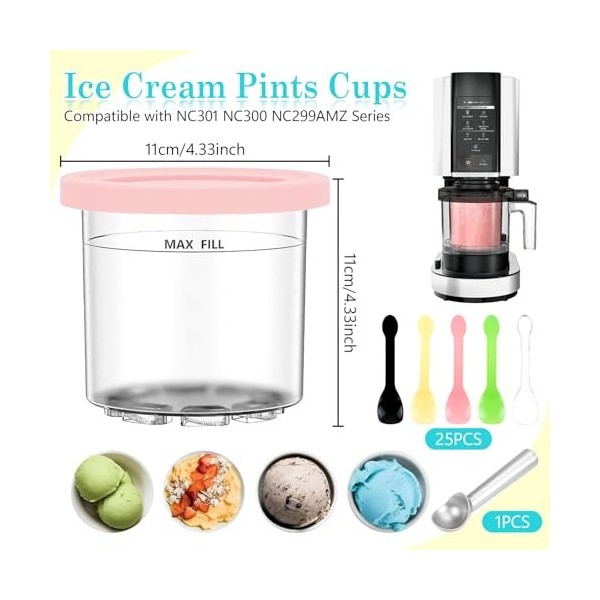 OT-NVWOZR Creami Deluxe Lot de 4 récipients à crème glacée et couvercles compatibles avec sorbetière avec cuillère à glace, 2