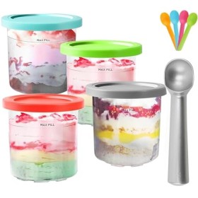 Yolispa Lot de 4 récipients Creami pour sorbetière Ninja Creami, avec couvercle, 4 cuillères colorées et cuillères en alumini