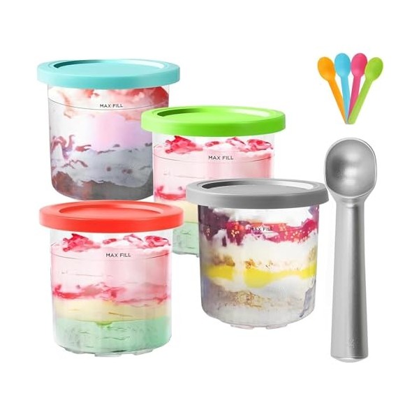 Yolispa Lot de 4 récipients Creami pour sorbetière Ninja Creami, avec couvercle, 4 cuillères colorées et cuillères en alumini