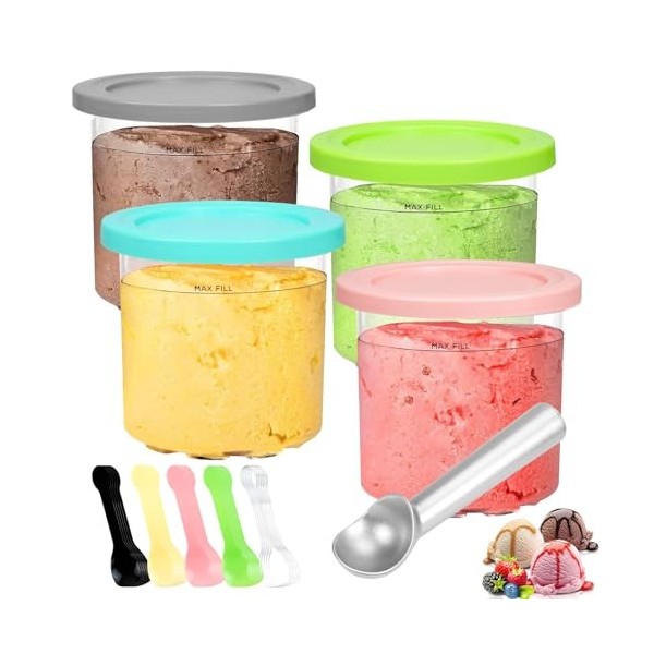 OT-NVWOZR Lot de 4 récipients à crème glacée, 500 ml avec cuillère en métal et 25 cuillères à crème glacée, tasses à dessert 
