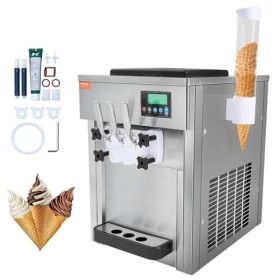 VEVOR Machine à Crème Glacée Commerciale 20 L/h 1800 W 3 Saveurs, Machine à Glace Italienne Trémie 2x4 L, Pré-Réfrigération, 