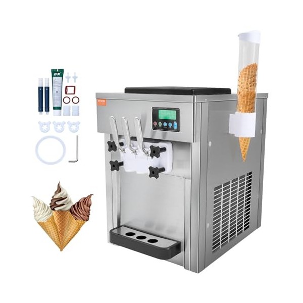 VEVOR Machine à Crème Glacée Commerciale 20 L/h 1800 W 3 Saveurs, Machine à Glace Italienne Trémie 2x4 L, Pré-Réfrigération, 