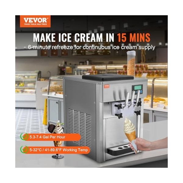 VEVOR Machine à Crème Glacée Commerciale 20 L/h 1800 W 3 Saveurs, Machine à Glace Italienne Trémie 2x4 L, Pré-Réfrigération, 