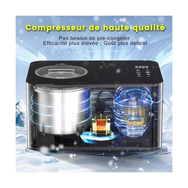 Vpcok Direct Machine à crème glacée avec compresseur 150 w crème glacée 2L écran LED Touch Minuteur réglable Glacière sans re