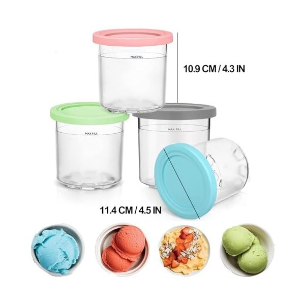 ALINK Lot de 4 verres à crème glacée avec couvercle, récipient à crème glacée pour machine à glace Ninja Creami, accessoires 