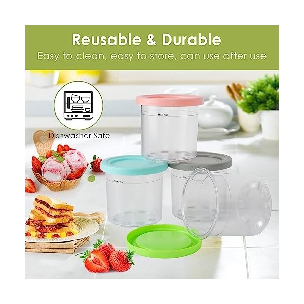 Tarana Creami Lot de 4 récipients pour ninja, coupes à crème glacée, avec couvercle, accessoires pour sorbetière Creami NC301